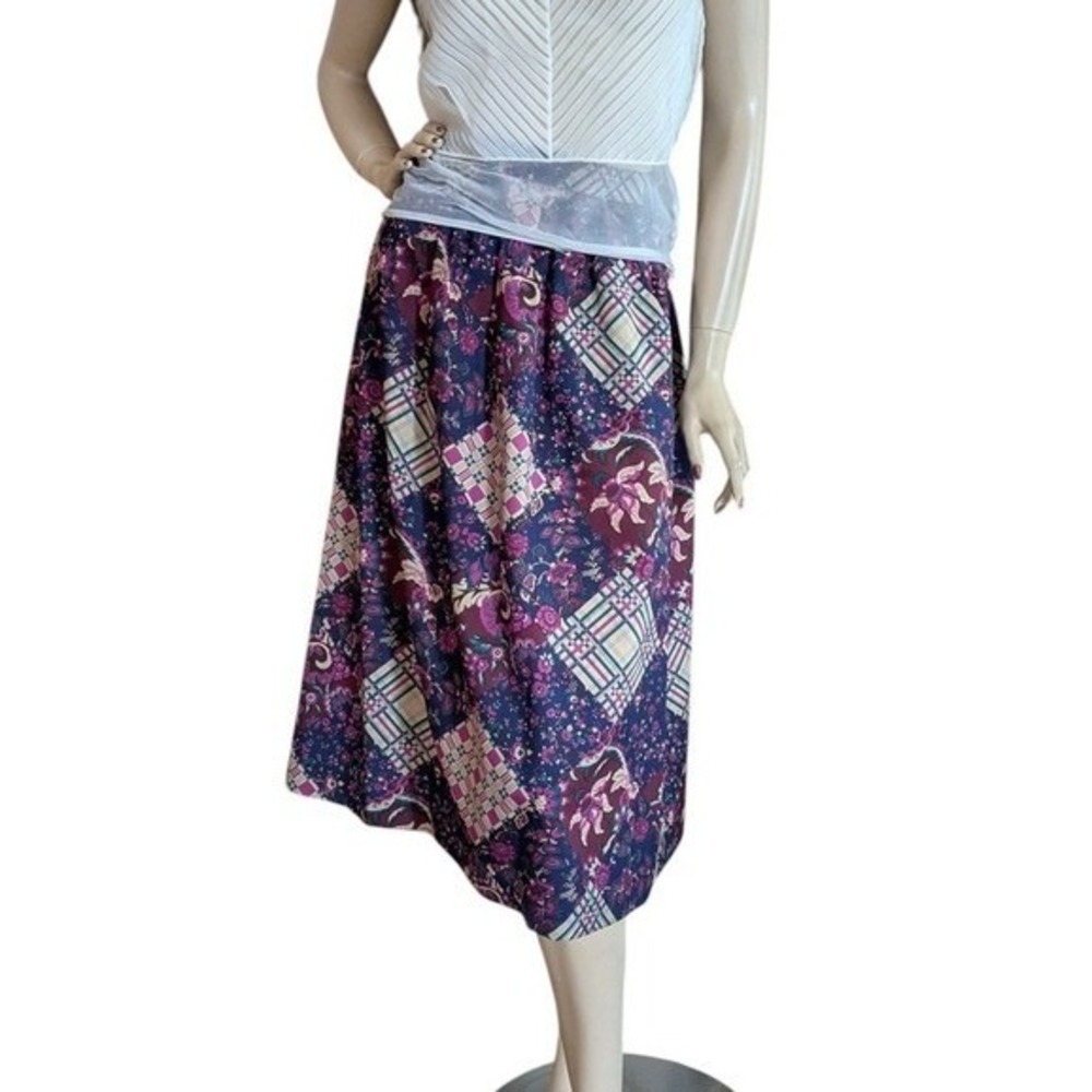 Vintage 80s Floral Patchwork Midi Skirt Navy Purple Plaid Cottagecore Pockets L